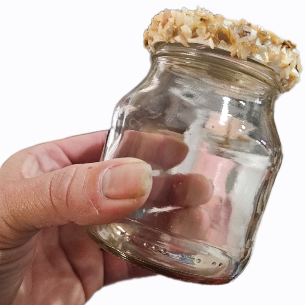 HANDMADE & REPURPOSED SMALL GLASS JAR WITH CRUSHED SEASHELLS COVERED LID!